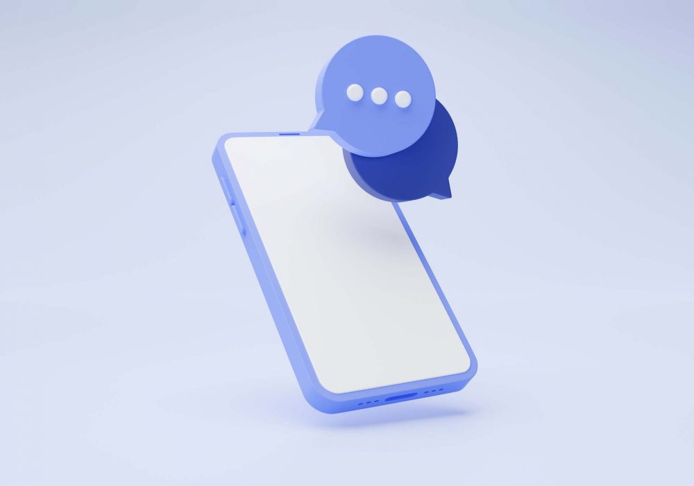 Smartphone with speech bubble chat message social media communication e-commerce concept on blue background 3d illustration